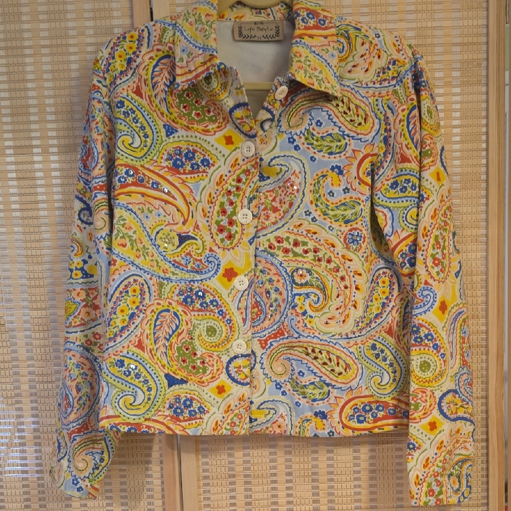 Vintage Paisley Cropped Jacket Colorful Retro Preppy Boho Blazer Spring  Size M